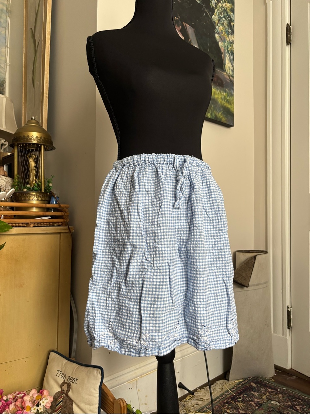 Blue Gingham Elastic Waist Skirt